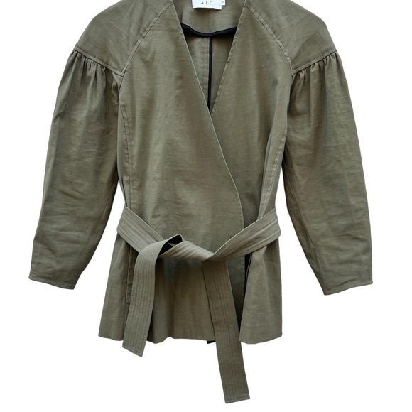 A.L.C. Kendrick Linen Blend Belted Kimono Puff Jacket Olive Green Sz O - Picture 9 of 14